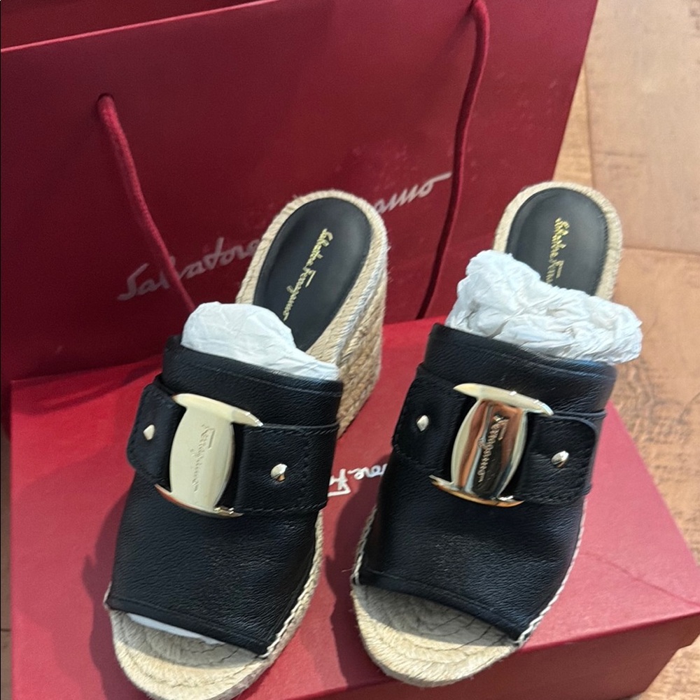 Salvatore Ferragamo Black Leather Wedge Espadrille Slides